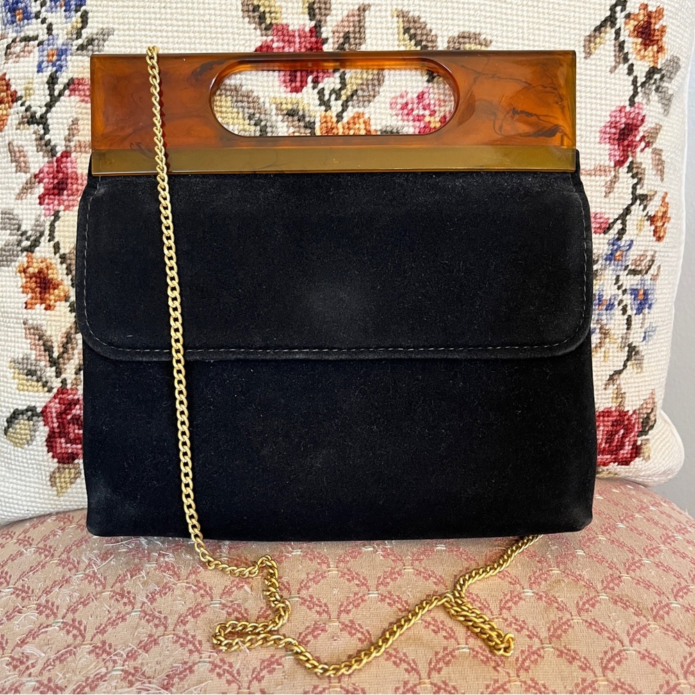 Vintage Tortoiseshell Lucite Handle Velour Fabric Gold Chain Midcentury Handbag